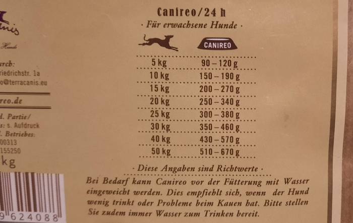 Fütterungsempfehlung Terra Canis Canireo Adult Rind