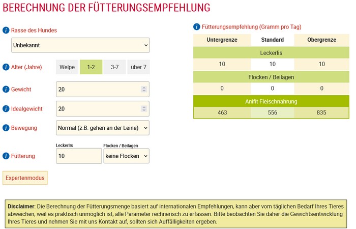 Berechnung der Fütterungsempfehlung (Screenshot: ANIfit Website Futter Rechner)